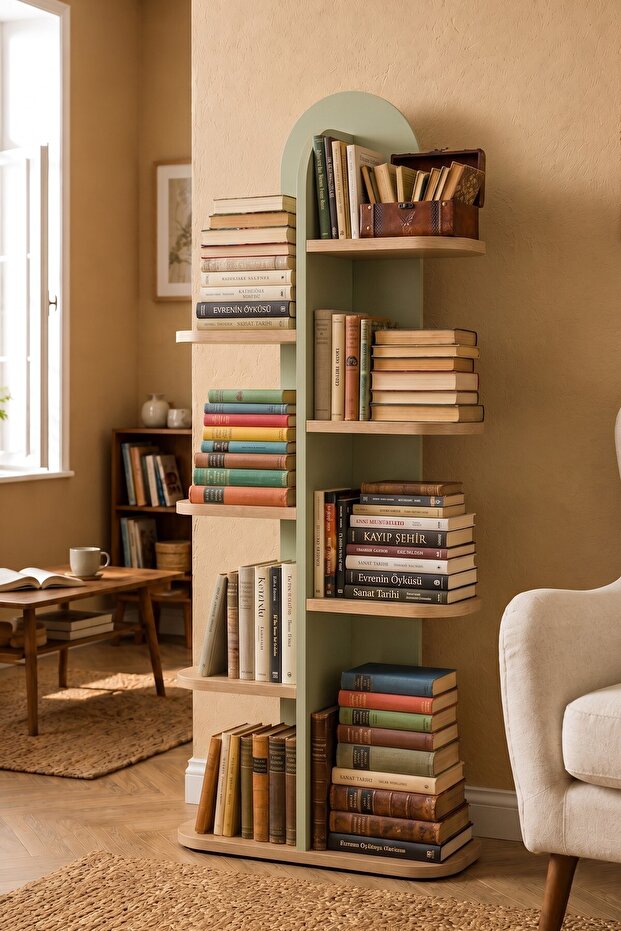 8-Tier Bookshelf with Basket – Green Open Storage Bookcase