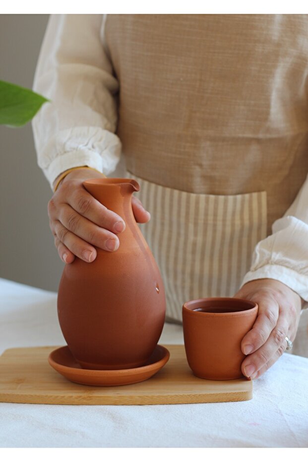 Unglazed Clay Water Pitcher Set – 1 L with Plate & Cup